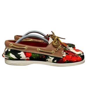 Milly x Sperry Top-sider Boat Shoes Womens 7 M Red Floral Canvas Gold Laces